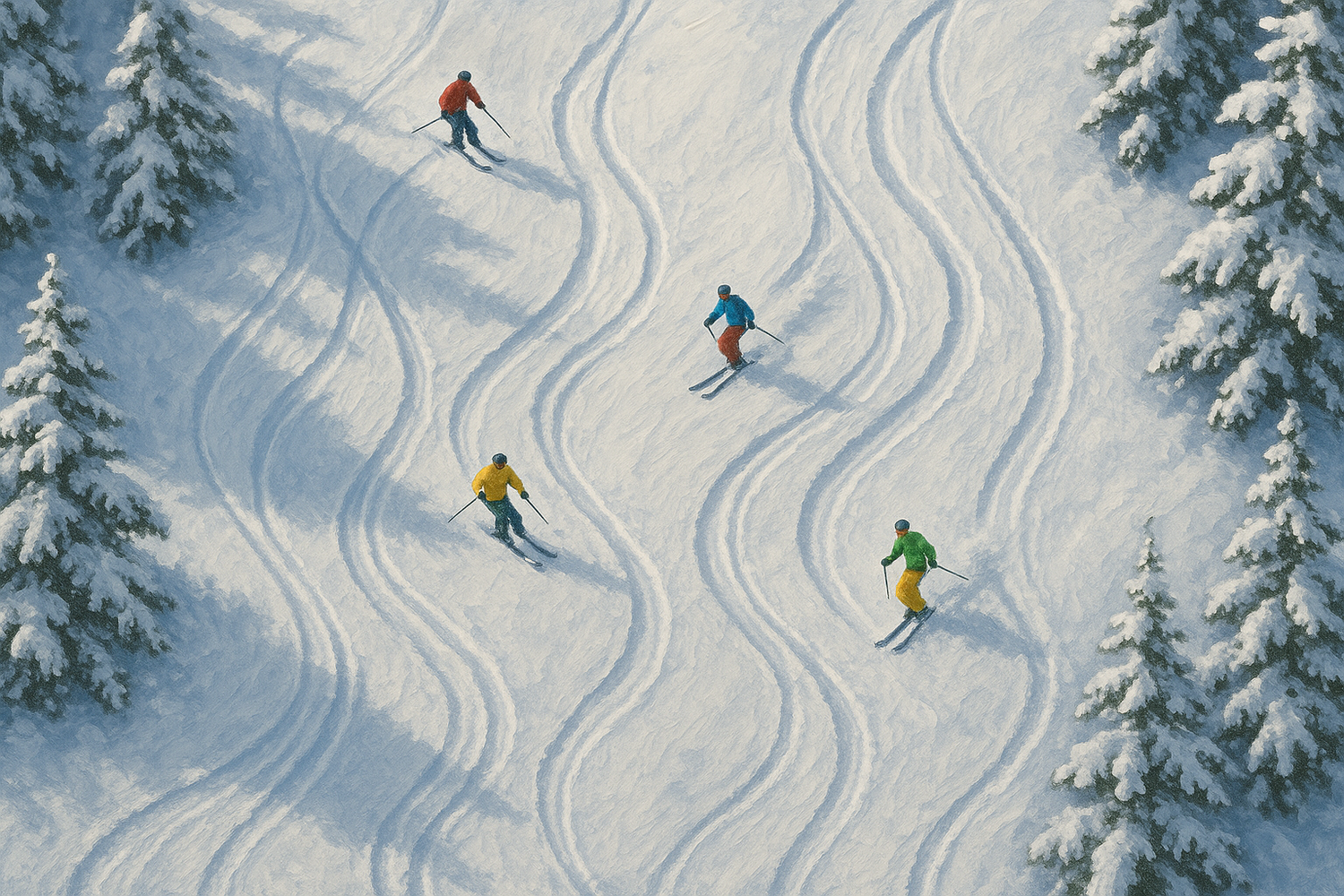 Four skiers on a snowy trail with trees on either side
