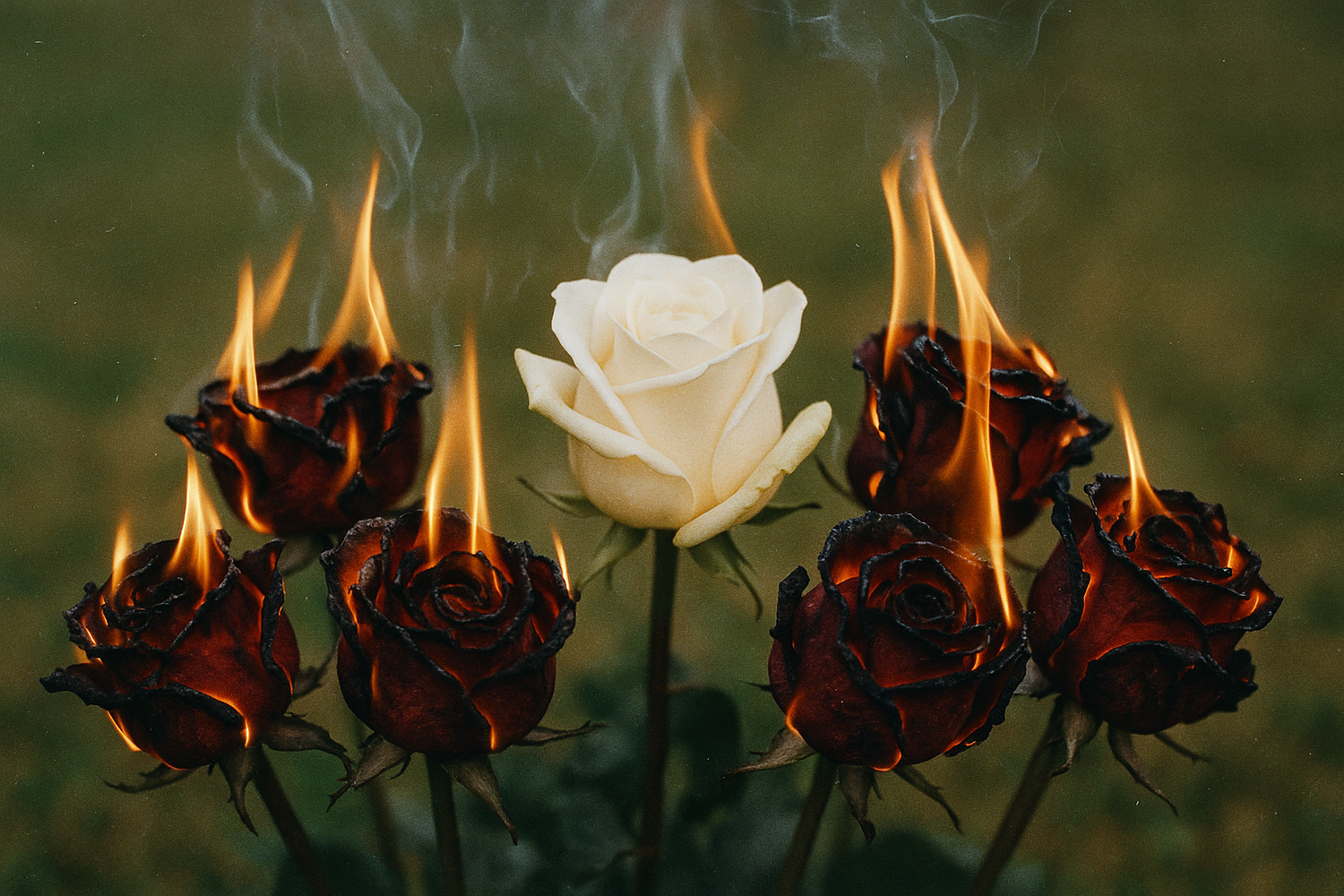 White rose surrounded by dark red roses on fire with a dark background