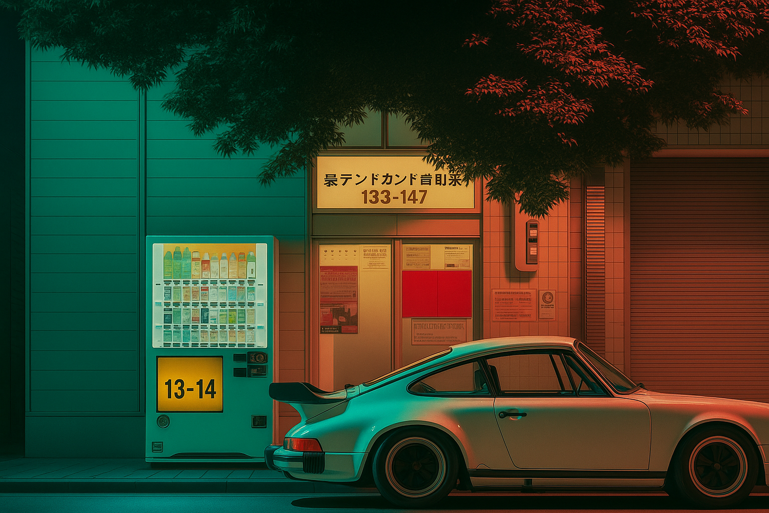 Vintage car parked in front of a building with a vending machine at night.