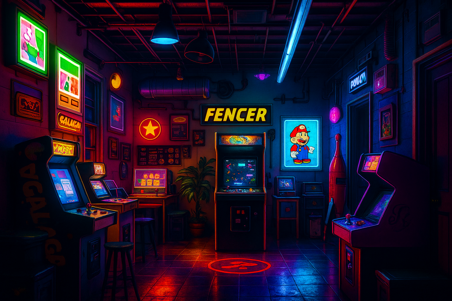 Neon-lit arcade room with vintage arcade machines and colorful signs.