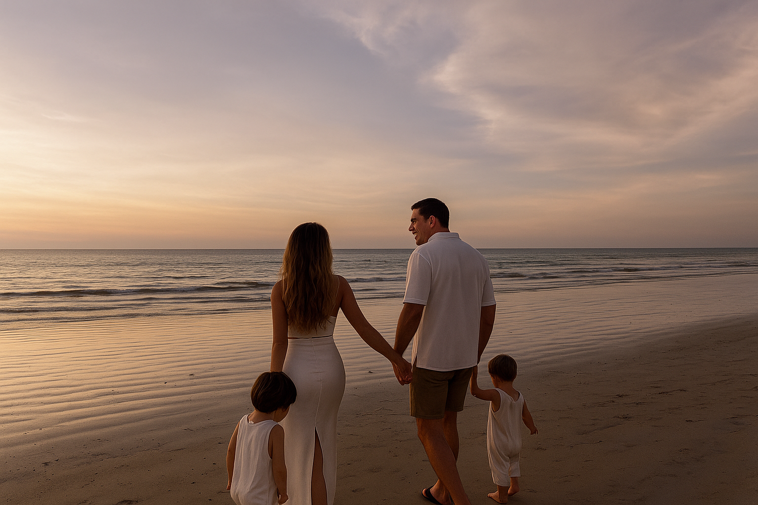 Family of four standing on a beach at sunset