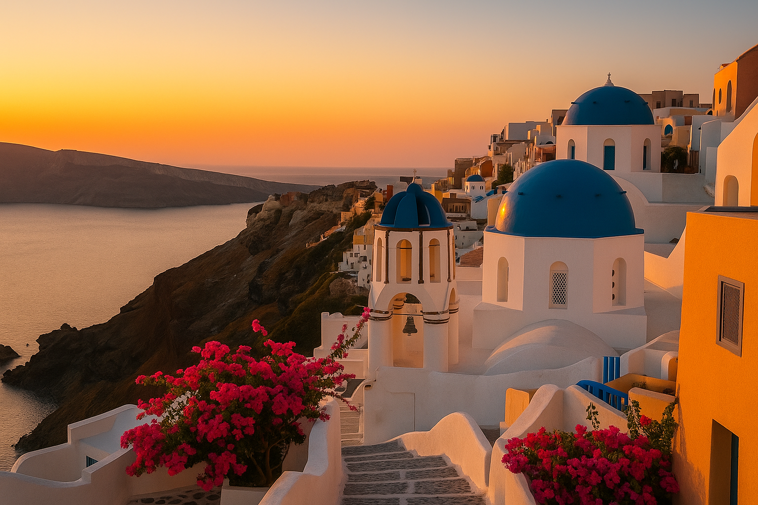 Sunset over a coastal town with white buildings and blue domes, featuring flowers in the foreground.