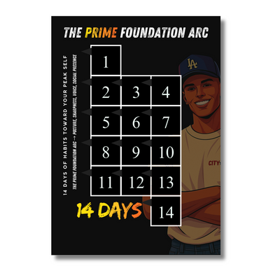 The Prime Foundation Arc 14-Day Challenge Poster — sleek black motivational calendar with peel-off squares and illustrated confident man, designed to build posture, sharpness, and presence by ArcPoster.